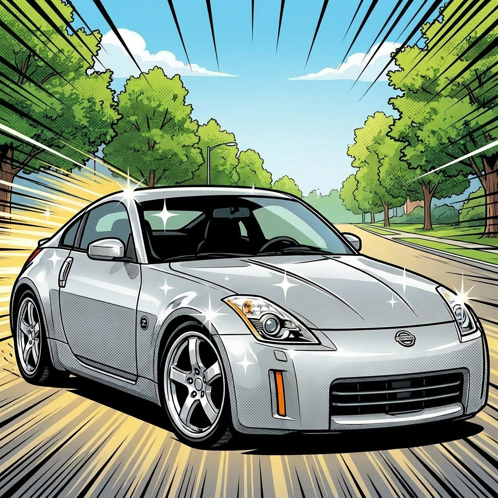 A clean silver 350Z driving through a sunny suburb