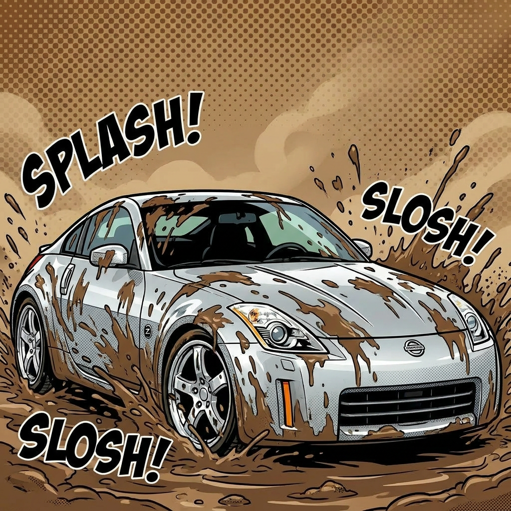 The Z covered in mud after an off-road adventure