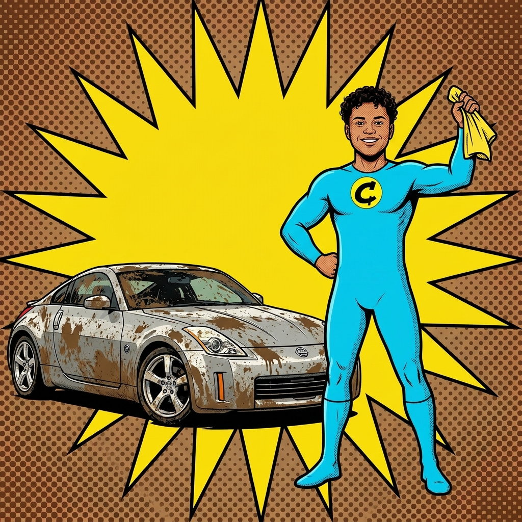 Maddox arrives in his cyan super-suit, cloth in hand, behind the muddy Z