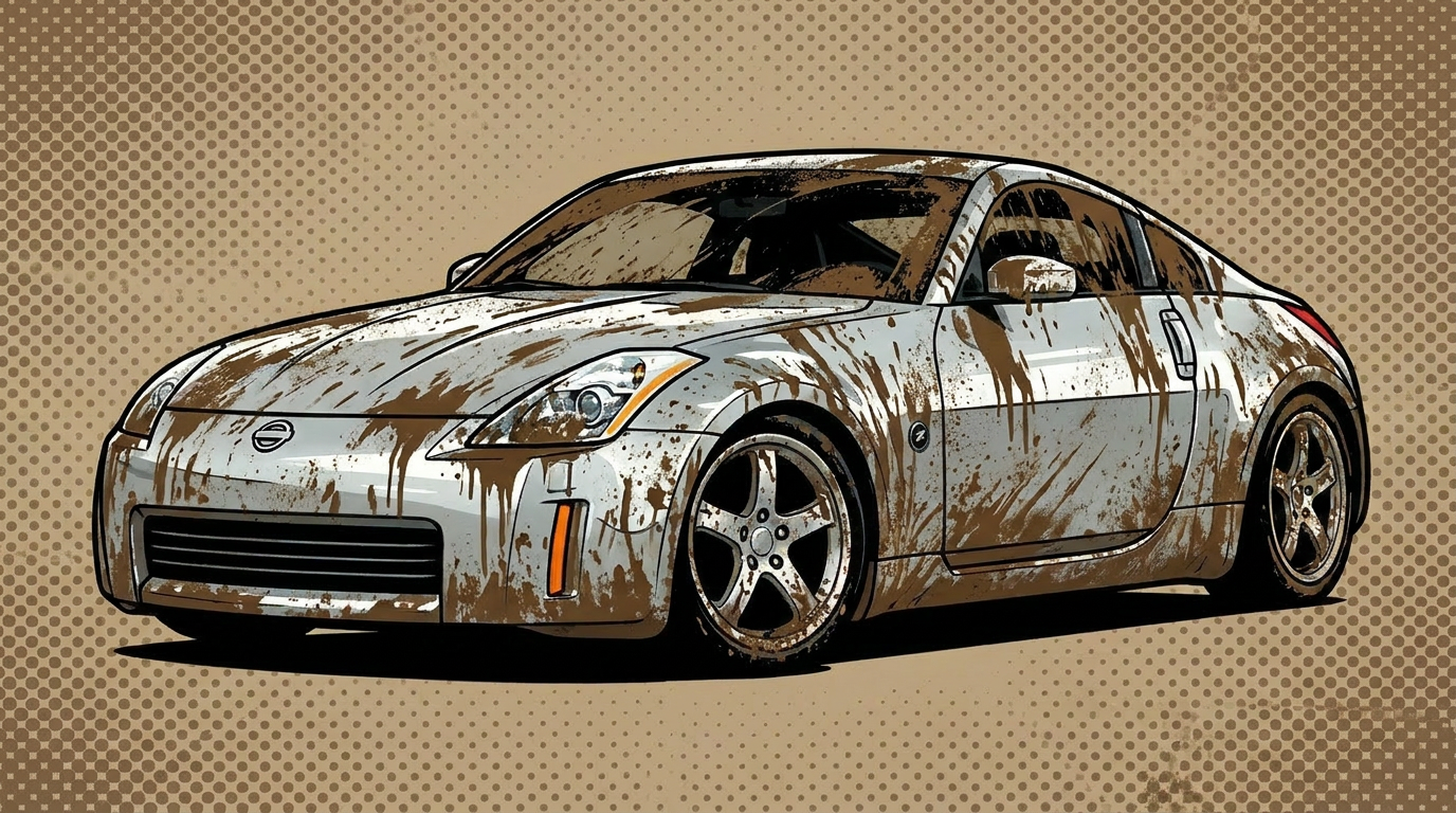 Silver 350Z covered in mud — before detailing